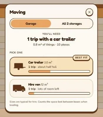 Semla's moving estimate: one trip with a car trailer, about half full, or one trip in a hire van