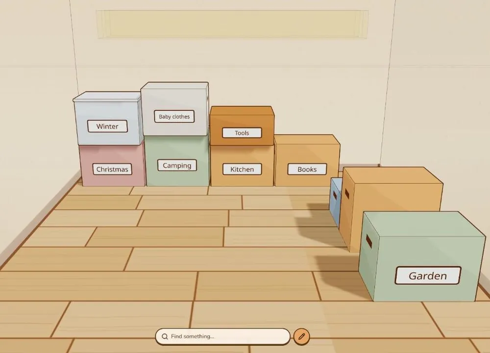 Inside the garage: ten labelled boxes along the walls